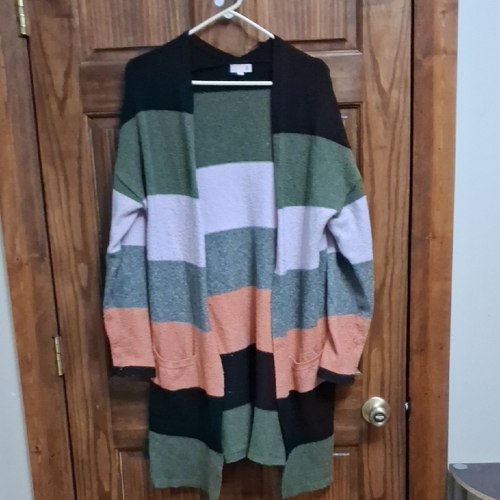 SO Open-Front Striped Cardigan Sweater in Black, Green, Pink, Coral